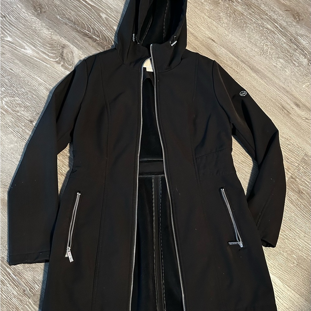Michael Kors Women's Black Hooded Rain Coat with Zip Pockets and Silver Hardware